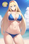  1girl alice_schuberg alluring beach big_breasts bikini blonde_hair blue_eyes cleavage nightcore_(artist) ocean rick_dot sea sword_art_online 