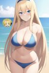  1girl alice_schuberg alluring beach big_breasts bikini blonde_hair blue_eyes cleavage nightcore_(artist) ocean rick_dot sea sword_art_online 