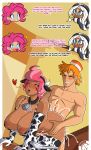 1boy 3girls big_breasts breasts breeding carrot_cake comic cow_girl cow_suit cowbell cum cum_in_orifice dark-skinned_female dark_skin friendship_is_magic husband_and_wife interracial light-skinned_male light_skin megasweet milf mrs._cake multiple_girls my_little_pony nipples panties pinkie_pie sex stockings sweat zecora