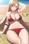  1girl alluring asuna_(sao) auburn_hair beach big_breasts bikini brown_hair cleavage nightcore_(artist) ocean on_beach_towel rick_dot sea sword_art_online 