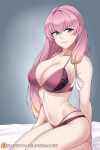  1girl alluring aslind_samure aslindsamure big_breasts blue_eyes cleavage fire_emblem fire_emblem_heroes gunnthra_(fire_emblem) hair_ornament lingerie nintendo on_knees patreon pink_hair sitting_on_bed two_tone_hair 