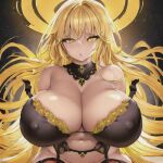 ai_generated covered_nipples garter_belt giant_breasts navel necklace stable_diffusion yellow_eyes yellow_hair