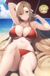  1girl alluring asuna_(sao) auburn_hair beach big_breasts bikini brown_hair by_beach_umbrella cleavage nightcore_(artist) ocean on_beach_towel rick_dot sea sword_art_online 