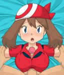 2014 bad_anatomy bandanna bed blush breasts brown_hair hair haruka_(pokemon) hetero huge_penis human human_only may paizuri paizuri_under_clothes penis pokemon tight_clothing trainer