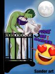 1boy 1girl ambiguous_penetration artist_name balcony beast_boy blush breasts canon_couple censored dc_comics dirty_talk emoji english_text french_kiss from_behind from_behind_position green_eyes green_hair green_skin grey_skin hearts huge_breasts kissing male/female moon motion_lines night open_mouth outside penis purple_eyes purple_hair raven_(dc) romantic romantic_couple sander_art sex short_hair standing standing_sex stars teen_titans text tongue tongue_out x-ray