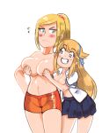 2_girls blonde_hair blush breast_grab breasts crossover from_behind inkerton-kun katsuragi_(senran_kagura) large_breasts metroid multiple_girls nintendo ponytail samus_aran school_uniform senran_kagura shorts skirt smile