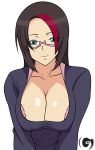 big_breasts black_hair blue_eyes bra breasts cleavage fiora_laurent glasses gosha420 gosha420_(artist) headmistress_fiora league_of_legends leaning_forward looking_at_viewer megane red_highlights smile