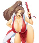 1girl 1girl breasts brown_eyes brown_hair cleavage erect_nipples fan fatal_fury fuckable happy hot huge_breasts insanely_hot kawanuma_uotsuri long_hair looking_at_viewer no_bra no_panties revealing_clothes sexy shiranui_mai smile