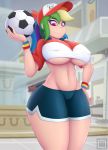  1girl baseball_cap big_breasts breasts burstfire cameltoe friendship_is_magic hand_on_hip humanized large_breasts looking_at_viewer my_little_pony nipple_bulge ponytail purple_eyes rainbow_dash rainbow_hair shirt short_shorts shorts smile soccer_ball thighs underboob wide_hips 