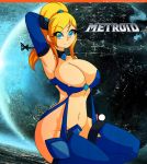  arm_behind_head big_breasts blonde_hair blue_eyes breasts cleavage copyright_name deviantart erosuit hand_behind_head looking_at_viewer metroid navel ponytail revealing_clothes samus_aran smile space thigh_high_boots thighs wide_hips 