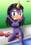 archie_comics bbmbbf cute_pose green_background mobius_unleashed nude on_knees palcomix poolside salma_the_chameleon sega sonic_(series) sonic_the_hedgehog_(series)