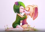 2girls barefoot closed_eyes clothed cosmo_the_seedrian cream_the_rabbit echa4797 french_kiss french_kissing interspecies kissing kneeling saliva sega simple_background sonic_(series) sonic_x yuri