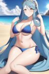  1girl 1girl 1girl alluring alternate_costume azura_(fire_emblem) beach big_breasts big_breasts bikini blue_bikini blue_hair blue_swimsuit breasts cleavage female_only fire_emblem fire_emblem_fates hair_between_eyes light_blue_hair long_hair nightcore_(artist) nintendo outside smile swimsuit under_boob very_long_hair wide_hips yellow_eyes 