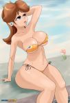  1girl arm_behind_head arm_support big_breasts bikini blue_eyes breasts brown_hair cleavage crown deviantart earrings hand_behind_head ichduhernz long_hair looking_away nintendo orange_bikini outside princess_daisy printed_bikini sitting solo strapless_bikini super_mario_bros. thighs wide_hips 