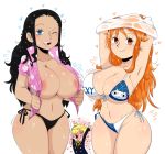 1boy 2girls big_breasts bikini breasts hair_over_one_eye jinu nami nico_robin one_piece sanji toei_animation undressing wink