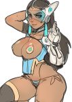 ass big_breasts blue_eyes breasts breasts_outside dark-skinned_female dark_skin gloves hand_on_head looking_at_viewer maniacpaint overwatch pasties smile squint stockings symmetra thighs thong visor