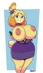 1girl 1girl 2018 animal_crossing anthro big_breasts breasts canine clothed clothing digital_media_(artwork) floppy_ears furry hair high_res isabelle_(animal_crossing) jingle_bell mammal nintendo nipples skirt sqoon unbuttoned_shirt video_games