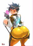 1girl ass big_ass big_breasts breasts breasts_outside brown_hair cellphone ear_piercing gloves huge_ass huge_breasts jacket leaning_forward lena_oxton looking_at_viewer looking_back overwatch pussy_bulge rebis short_hair sideboob tracer_(overwatch) visor wide_hips