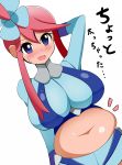 1girl bangs belly big_breasts blue_eyes blush breasts chubby embarrassed flower_on_head fuuro_(pokemon) hand_behind_head harubato large_breasts looking_at_viewer midriff navel open_mouth pokemon pokemon_bw red_hair short_shorts shorts simple_background skyla sweat sweatdrop