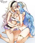  2_girls alluring alternate_costume alternate_version_available azura_(fire_emblem) back bare_back bare_legs bare_thighs barefoot bikini bikini_skirt blue_hair blue_nails breasts closed_eyes corrin_(fire_emblem)_(female) cousins female_only fire_emblem fire_emblem_fates fire_emblem_heroes flower flower_necklace grey_hair hair_between_eyes hair_flower hairband hugging incest kissing kneel light_blue_hair minacream multiple_girls nail_polish nintendo official_alternate_costume pointy_ears small_breasts swimsuit thighs very_long_hair white_bikini white_hair white_swimsuit yuri 