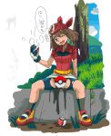  1girl ass bad_id bandana bandanna bike_shorts censored crotch_cutout hat holding holding_poke_ball may_(pokemon) no_panties novelty_censor one_eye_closed poke_ball pokemon public pussy_juice ryunryun simple_background solo spread_legs sweat tear tears torn_clothes translated upskirt white_background wink 