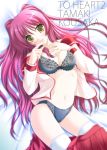 1girl :p akino_shin bed blush bra breasts brown_eyes cleavage head_tilt kousaka_tamaki lingerie long_hair lying navel on_back panties red_hair school_uniform see-through serafuku skirt solo tamaki_kousaka thighhighs to_heart_2 tongue tongue_out underwear undressing white_legwear