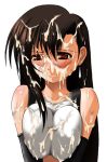 1girl abu bare_shoulders big_breasts black_hair blush breast_squeeze breasts cleavage cum elbow_gloves erect_nipples final_fantasy final_fantasy_vii gloves long_hair solo suspenders tank_top tears tifa_lockhart