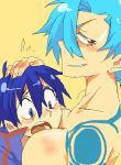 1girl blue_eyes blue_hair blush breast_press breasts genderswap genderswap_(mtf) kamina nude oekaki open_mouth red_eyes short_hair simon tattoo tehryu tengen_toppa_gurren-lagann