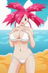 1girl alluring beach bikini female female_human female_only flannery flannery_(pokemon) hair_over_one_eye huge_ass huge_breasts human human_only looking_at_viewer mostly_nude nintendo outdoor outside pokemon pokemon_(anime) seaside seductive shablagooo side-tie_bikini_bottom solo standing thigh_gap white_bikini wide_hips