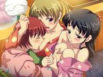  3girls breast_grab breast_squeeze breast_sucking breasts grabbing hazumu_osaragi japanese_clothes kamiizumi_yasuna kashimashi kimono kurusu_tomari multiple_girls osaragi_hazumu red_hair sanshita tomari_kurusu yasuna_kamiizumi yukata yuri 