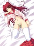  bed blush bottomless brown_eyes kousaka_tamaki masakichi_(crossroad) pillow red_hair school_uniform serafuku skirt tamaki_kousaka thighhighs to_heart_2 twintails undressing 