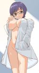 1girl adjusting_glasses ayuki_mari blue_hair bottomless breasts brown_eyes cleavage glasses hirose_(mokiki) huge_breasts kashimashi large_breasts mari_ayuki naked_shirt open_clothes open_shirt shirt short_hair solo