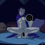 1girl 1girl 1girl anal anal_insertion biting_lip breasts cape dc_comics dc_comics female_only female_pubic_hair forehead_jewel magic_penis mattie-v naked_cape no_bra no_panties nude pubic_hair pussy raven_(dc) short_hair superheroine teen_titans