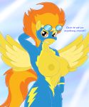 abstract_background anthro bedroom_eyes big_breasts breasts clothing equine eyewear feathers female friendship_is_magic fur furry goggles hair hi_res horse looking_at_viewer mammal my_little_pony navel nipples orange_eyes orange_hair pegasus pony presenting raised_arm sct-trigger1221 smile solo spitfire two_tone_hair wings wonderbolts_(mlp) wonderbolts_uniform