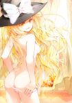 1girl absurd_res ass blonde_hair breasts curtains from_behind hat high_res kirisame_marisa long_hair looking_back mikoma_sanagi panties panty_pull pink_panties smile solo topless touhou underwear underwear_only witch_hat yellow_eyes