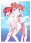 2_girls 2girls alternate_hair_color art artist_request back-to-back bikini breasts character_request female gundam gundam_seed_destiny leaning leaning_back leaning_forward looking_at_viewer multiple_girls one-piece_swimsuit pink_hair red_hair short_hair siblings sisters smile strapless strapless_bikini strapless_swimsuit swimsuit tagme tubetop twintails yuri