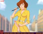 1girl april_o'neil big_penis brown_hair female female_only futanari hair highfive_(artist) jumpsuit microphone penis reporter short_hair solo teenage_mutant_ninja_turtles testicles