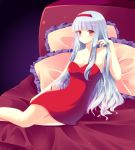 1_girl adjusting_hair arm arms art babe bare_shoulders bed blush breasts cleavage collarbone cresc-dol dress female gradient gradient_background hairband hime_cut idolmaster legs long_hair looking_at_viewer neck pillow reclining red_dress red_eyes shijou_takane shy silver_hair sitting solo strapless strapless_dress takane_shijou