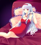 1_girl 1girl adjusting_hair alluring arm arms art babe bad_id bare_shoulders bed blush breasts cleavage collarbone cresc-dol dress female hairband hime_cut idolmaster legs long_hair looking_at_viewer neck pillow reclining red_dress red_eyes red_skirt shijou_takane shy silver_hair sitting skirt solo takane_shijou