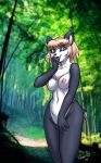 2004 anthro areolae blue_eyes breasts chest_tuft dr_comet female furry looking_at_viewer mammal nude outside panda standing trees white_fur