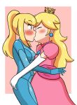 2girls babe blonde blonde_hair blue_eyes blue_suit blush bodysuit breasts closed_eyes crown dress earrings elbow_gloves gem gloves hugging jewelry kissing long_hair looking_at_another love metroid multiple_girls mutual_yuri neck nintendo pink_dress ponytail princess_peach samus_aran shiny shiny_clothes shiny_hair simple_background skin_tight standing super_mario_bros. super_smash_bros. surprised sweat symmetrical_docking the-great-king_(artist) white_gloves yuri zero_suit