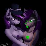  aura_spark breasts_frottage canid canine duo fox fur furry glowing glowing_eyes hat hugging mammal nipple_piercing nude original silverfox057 top_hat wolf 