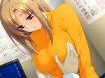 1boy 1girl blonde_hair breasts female gif groping human human_only long_hair orange_shirt