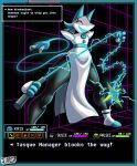 1girl 2d 2d_(artwork) absurd_res alternate_version_available anthro black_body blue_hair closed_eyes clothing darkner deltarune deltarune_chapter_2 digital_media_(artwork) electricity fanart felid furry jackintaro robot robot_girl smile tasque_manager tasque_manager_(deltarune) text undertale_(series) video_game_character video_game_franchise video_games whip white_clothing white_dress