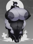 boots creepy_susie gigantic_breasts goth graveyard high_heels huge_ass jacket looking_at_viewer nipple_slip nipples seductive seductive_smile smirk smug the_oblongs thick_thighs torn_clothes