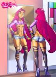 ass bracelet breasts collarbone dc dc_comics earrings green_eyes high_heels long_hair mirror nail_polish navel nipples no_bra parted_lips piercing pink_hair reflection shirt shirt_lift short_shorts shorts small_breasts smile starfire stockings teen_titans tekuho_(artist) torn_clothing torn_stockings very_long_hair