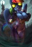 2014 anthro atryl blue_fur bodysuit breasts castle equine eyewear female friendship_is_magic fur furry gloves goggles grin hi_res looking_at_viewer mammal moon my_little_pony night nipples pegasus rainbow_dash shadowbolts_(mlp) silhouette skinsuit solo wings