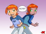 2_girls 2girls alien ass ass_to_ass ben_10 ben_10:_omniverse brown_hair butt_bump dual_persona earrings female_only freckles funny green_eyes gwen_tennyson hair jk looking_back multiple_girls orange_hair short_hair smile