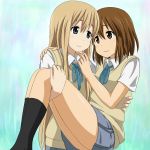  2_girls 2girls arm arms art artist_request bare_legs black_socks blonde blonde_hair blue_eyes blush bowtie brown_eyes brown_hair carrying eye_contact female friends hair_between_eyes hand_on_another&#039;s_shoulder hand_on_shoulder hirasawa_yui hug hugging k-on! kotobuki_tsumugi legs long_hair looking_at_another multiple_girls mutual_yuri neck princess_carry school_uniform short_hair smile socks sweater_vest tsumugi_kotobuki yui_hirasawa yuri 