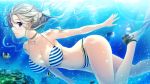  1_girl art babe bare_shoulders bikini blue_eyes breasts brown_hair cleavage collarbone diving female fish flippers game_cg hair_ribbon hair_up halterneck high_res hoshi_ori_yume_mirai jewelry koizumi_amane leg_up long_hair looking_at_viewer navel neck necklace okihara_misa ribbon smile solo striped striped_bikini striped_swimsuit swimsuit underwater 